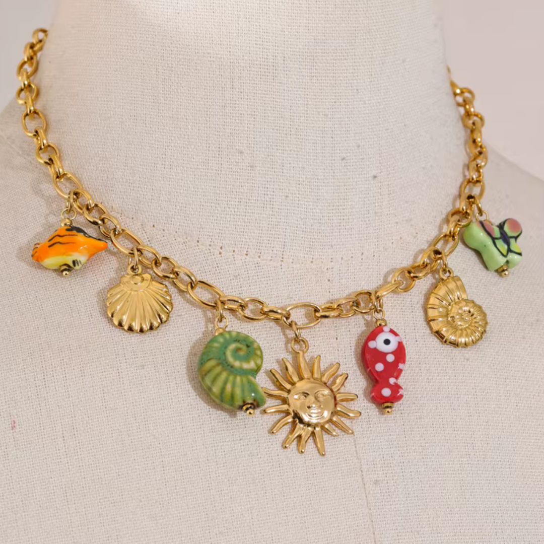 Ocean Soul Necklace with Ceramic Charms - Handmade