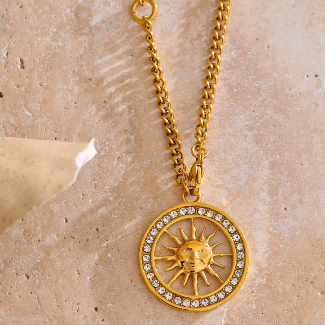 Golden Sunburst Zircon Pendant Necklace