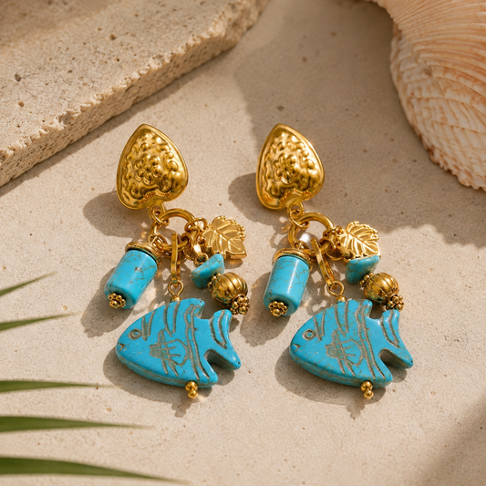 Ocean Blue Stone Fish Drop Earrings