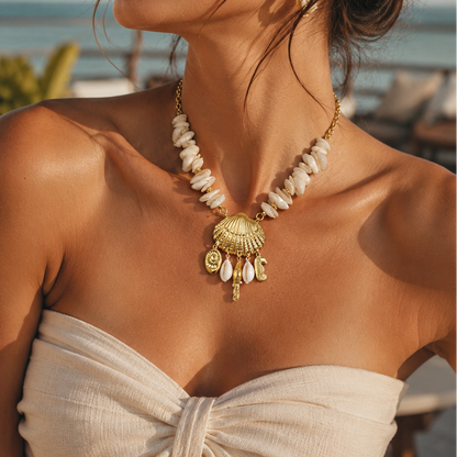 A woman wearing a bohemian-style gold and white shell necklace with matching shell earrings, photographed outdoors against a tropical beach background with palm trees and ocean water.