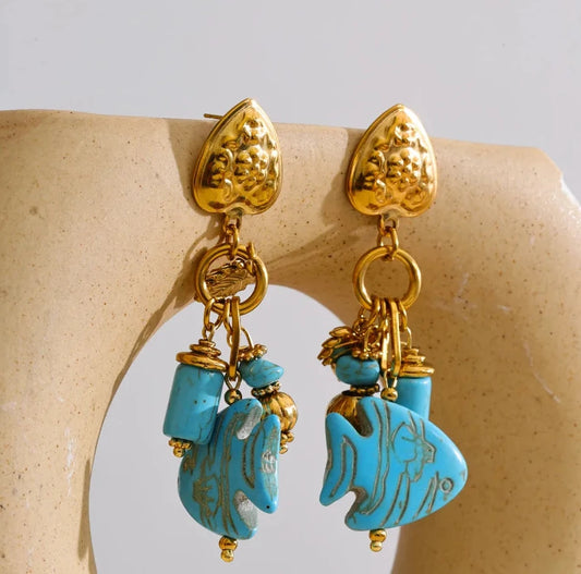 Ocean Blue Stone Fish Drop Earrings
