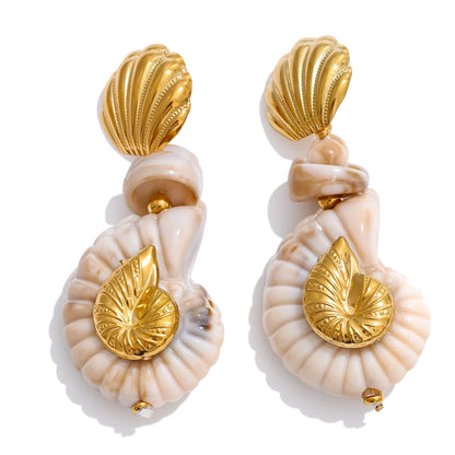 Sea Breeze Resin Conch and Shell Gold Drop Earrings