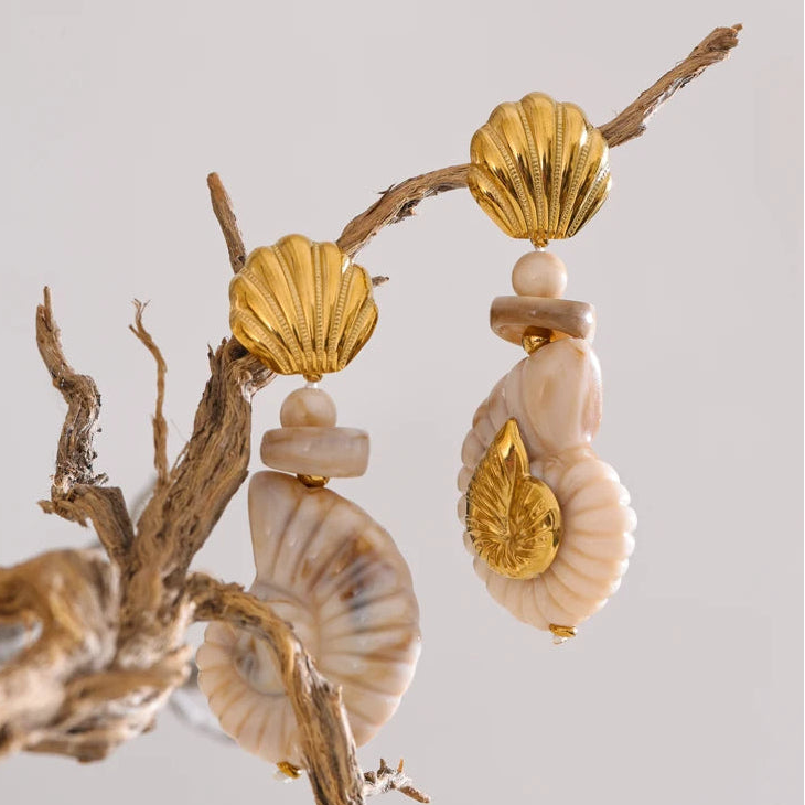 Sea Breeze Resin Conch and Shell Gold Drop Earrings