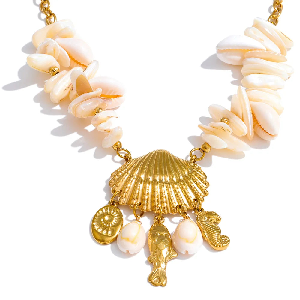 Necklace with seashell and sea-themed charms on a white background
