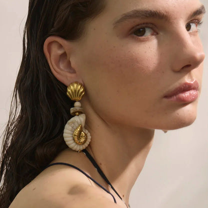 Sea Breeze Resin Conch and Shell Gold Drop Earrings