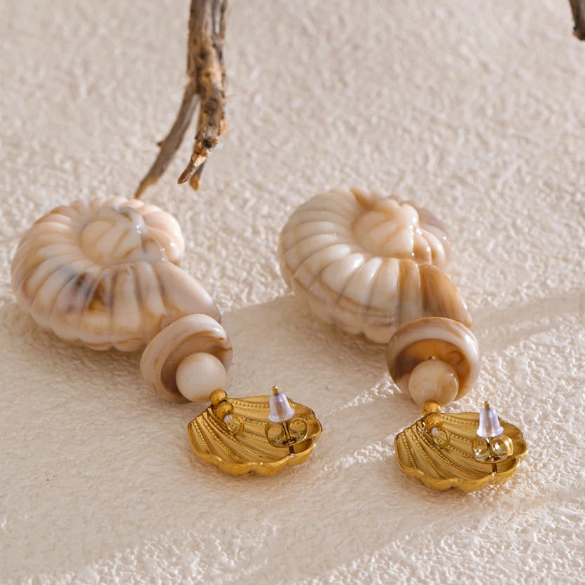 Sea Breeze Resin Conch and Shell Gold Drop Earrings