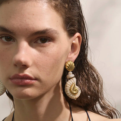 Sea Breeze Resin Conch and Shell Gold Drop Earrings