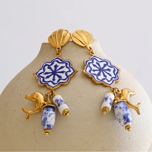 Pair of earrings with blue and white floral designs on a beige stand.