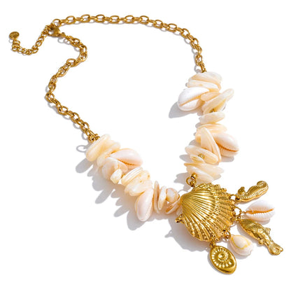 Necklace with shell and gold accents on a white background