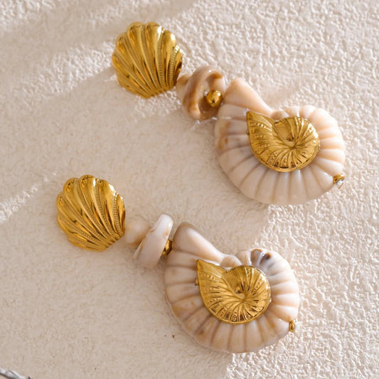 Sea Breeze Resin Conch and Shell Gold Drop Earrings