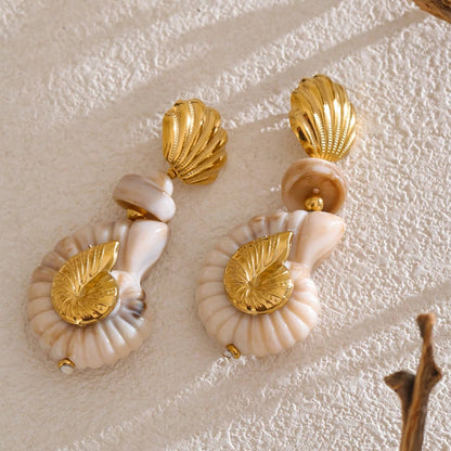 Sea Breeze Resin Conch and Shell Gold Drop Earrings