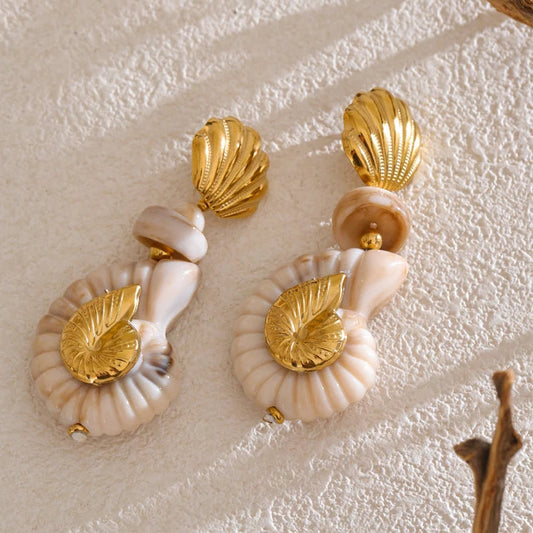 Sea Breeze Resin Conch and Shell Gold Drop Earrings