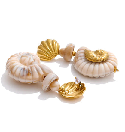 Sea Breeze Resin Conch and Shell Gold Drop Earrings