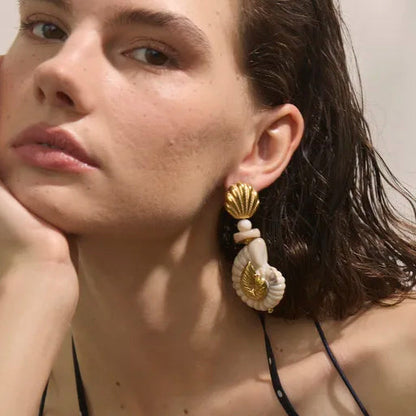 Sea Breeze Resin Conch and Shell Gold Drop Earrings