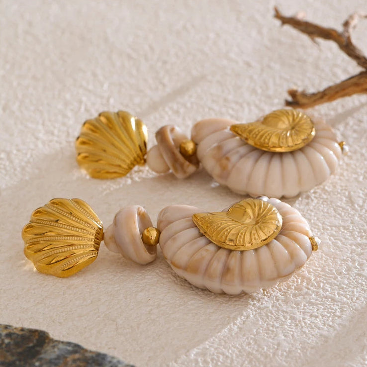 Sea Breeze Resin Conch and Shell Gold Drop Earrings