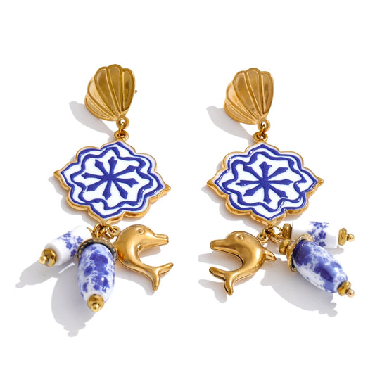 Ocean Dolphin & Shell Drop Earrings