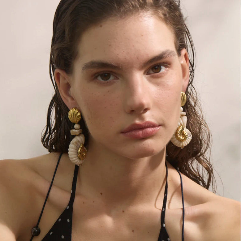 Sea Breeze Resin Conch and Shell Gold Drop Earrings