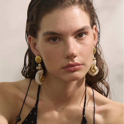 Sea Breeze Resin Conch and Shell Gold Drop Earrings