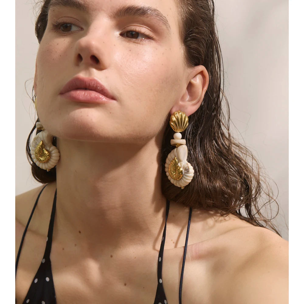 Sea Breeze Resin Conch and Shell Gold Drop Earrings