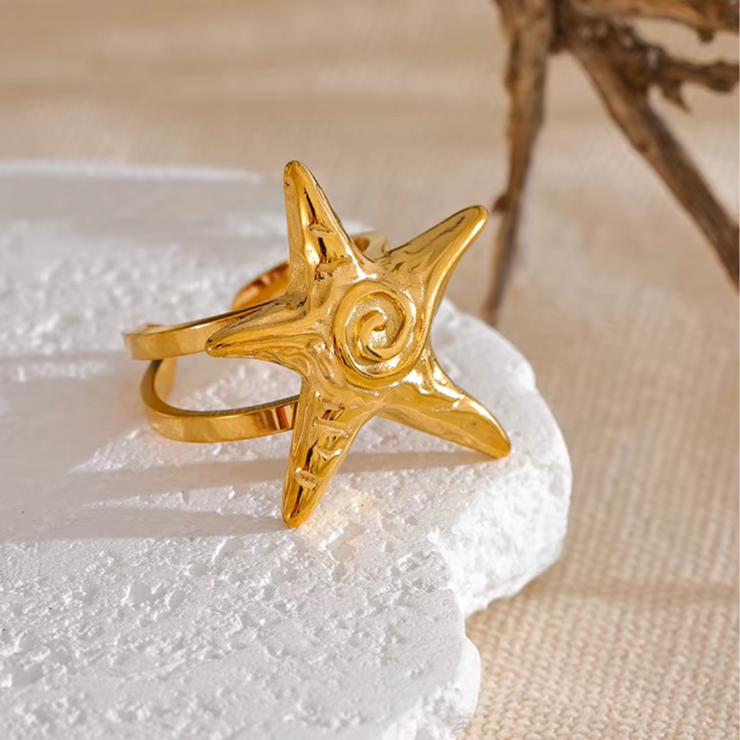 Gold adjustable open ring with starfish design, minimalist ocean jewelry