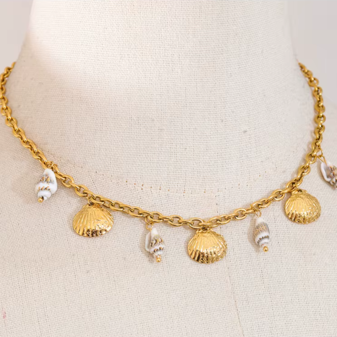 Handmade necklace with shell charms and waterproof 18K gold PVD coating