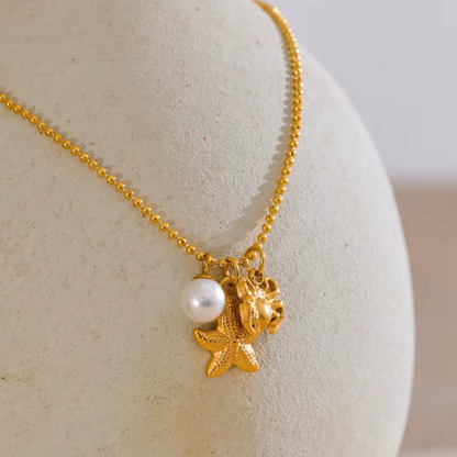 Minimalist necklace with starfish and pearl pendant, waterproof PVD 18K gold plated