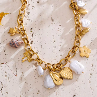 Necklace with ocean-inspired charms and pearls, waterproof 18K gold PVD finish
