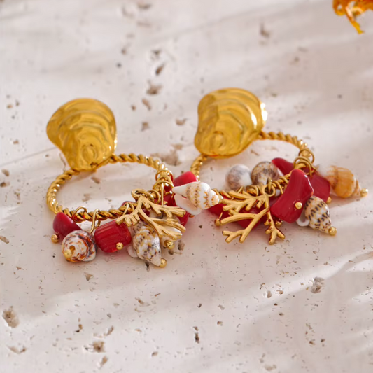 Red stone and shell drop earrings in gold-plated stainless steel.